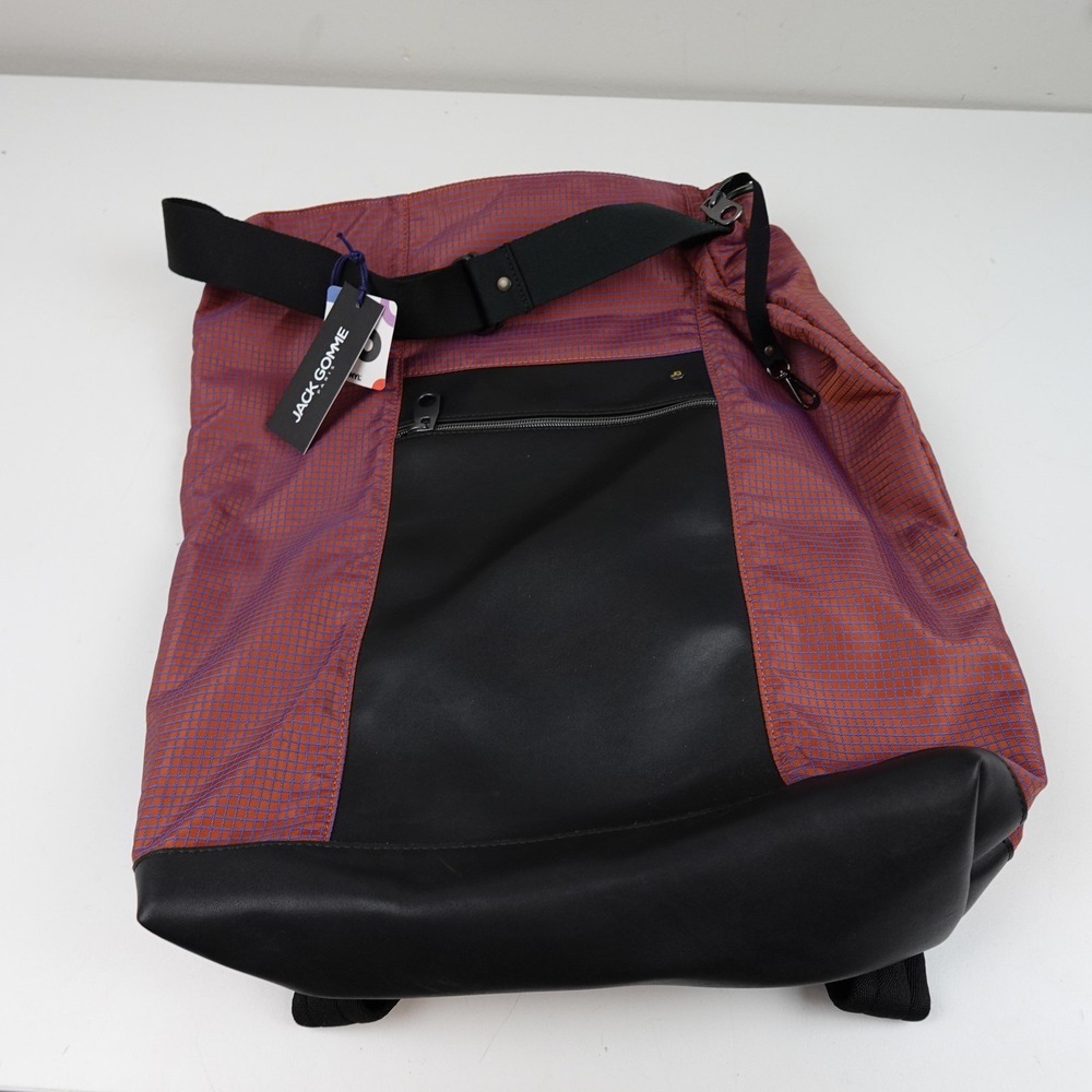 Jack Gomme Backpack Large Red Checkered Nylon Black Panel Econyl Made In France